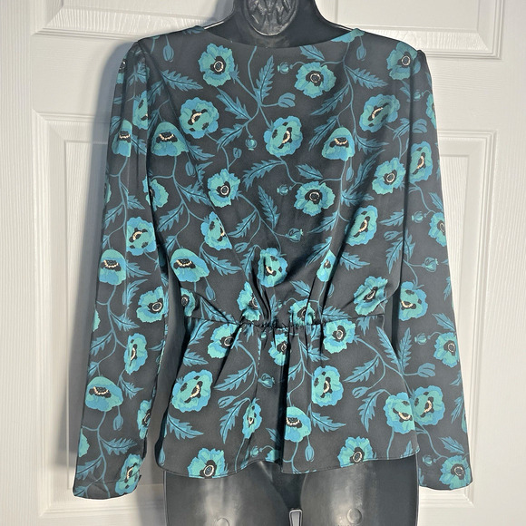 J Crew Shirt Women 6 Black Green Poppies Button Up Bloomcore Blouse Grunge Top - Picture 4 of 14